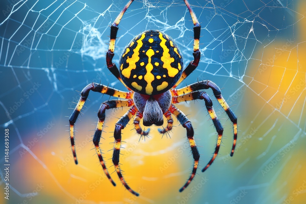 Captivating Close-Up of a Colorful Spider in Its Intricate Web with Vivid Background Blurring, Showcasing Nature's Beauty and Unique Patterns Captivating Close-Up of a Colorful Spider in Its Intricate Web with Vivid Background Blurring, Showcasing Nature's Beauty and Unique Patterns