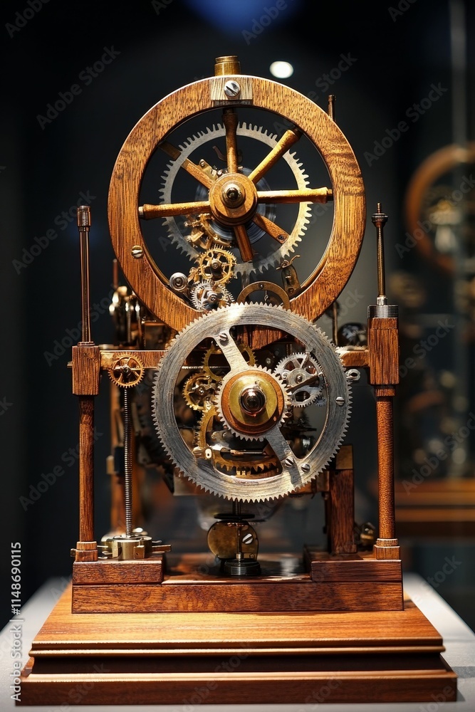 Fototapeta premium Intricate wooden clockwork mechanism, gears, elegant.