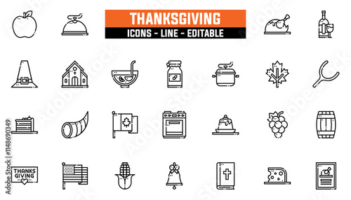 Set of 25 line icons thanksgiving. Editable stroke. Vector illustration
