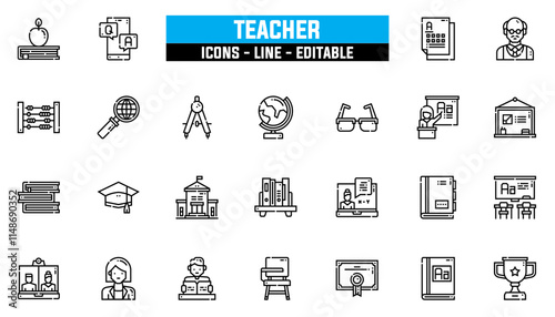 Set of 25 line icons teacher. Editable stroke. Vector illustration