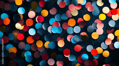 Vibrant abstract background with colorful bokeh dots on dark backdrop. 