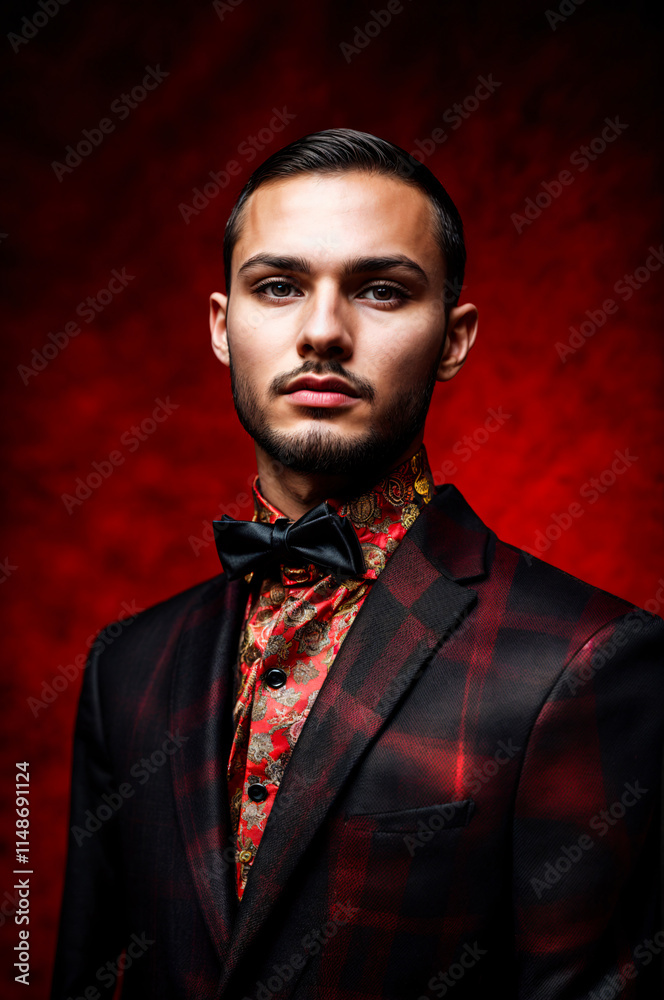 Fototapeta premium Androgynous person in a red background, red light, fashion shot
