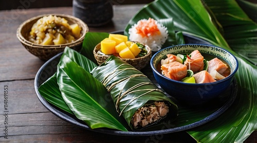Delight in traditional Hawaiian laulau featuring tender pork, surrounded by fresh tropical accompaniments on a rustic wooden table