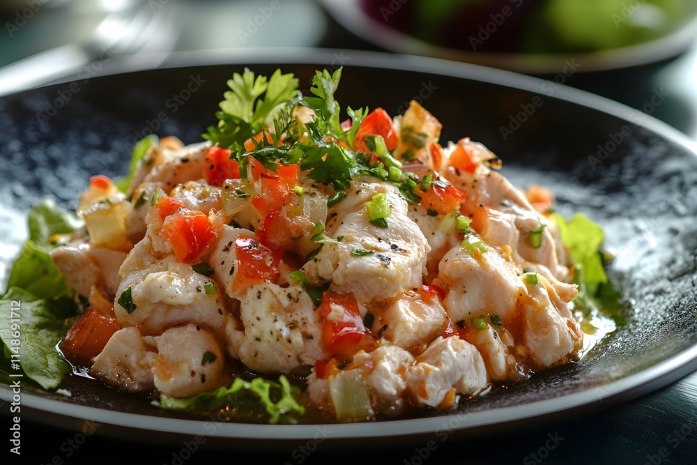A food photo showing grilled chicken trimmed into round shapes and various vegetables on a plate A food photo showing grilled chicken trimmed into round shapes and various vegetables on a plate