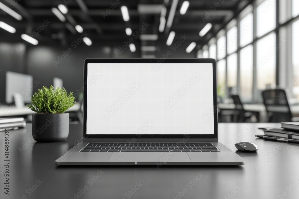Fototapeta premium Laptop on Modern Office Desk with Blank Screen
