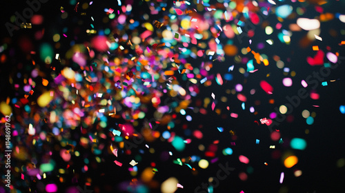 Colorful confetti falls against a dark background during a festive celebration. 