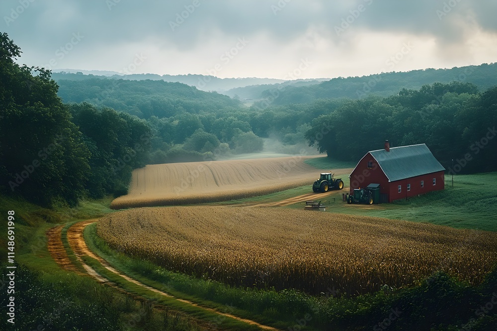 Landscape photo of farm buildings and tractors in a field with yellow crops growing on a flat plain. Landscape photo of farm buildings and tractors in a field with yellow crops growing on a flat plain.
