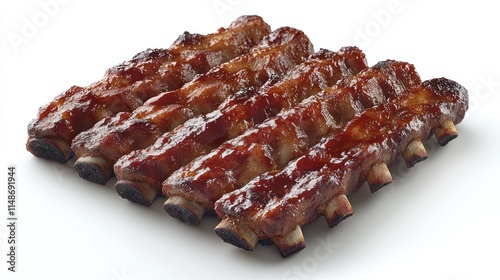Delicious BBQ ribs glazed with sauce isolated on white.