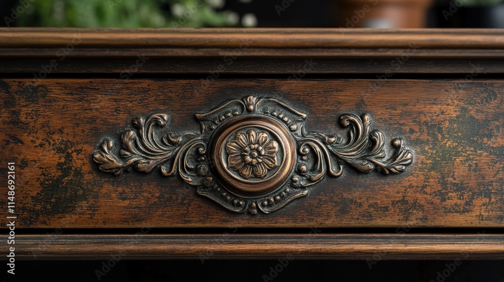 Close-up of ornate bronze drawer handle with aged patina and detailing Close-up of ornate bronze drawer handle with aged patina and detailing