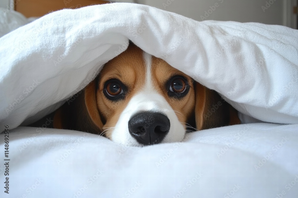 Adorable Beagle Dog Peeking Out from Under a White Blanket on a Cozy Bed, Capturing a Moment of Comfort and Warmth in a Home Environment Adorable Beagle Dog Peeking Out from Under a White Blanket on a Cozy Bed, Capturing a Moment of Comfort and Warmth in a Home Environment