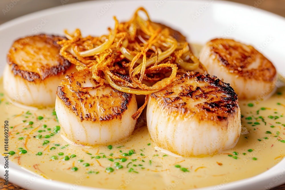 Seared scallops highlight fresh seafood. Grilled scallops with creamy sauce and crispy garnish. Seared scallops highlight fresh seafood. Grilled scallops with creamy sauce and crispy garnish.