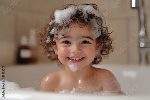 A young child is taking a bath in the children's bathtub in the bathroom, smiling brightly and covered in soap bubbles.