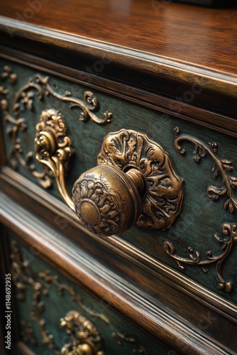 Close-up of ornate Mocha Mousse bronze drawer handle with aged patina detail photo