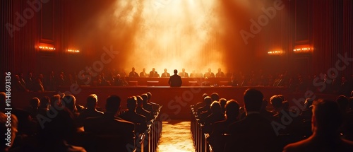 A scene with several judges sitting high up, several jurors sitting below them, and a witness standing alone in a dark courtroom with red fog and light falling from the sky.
