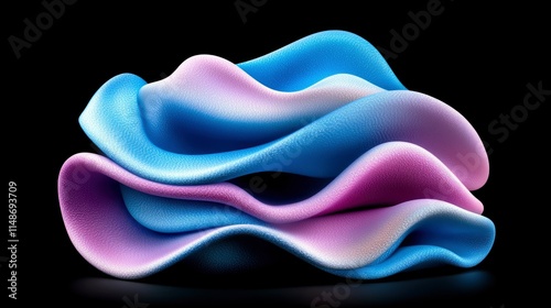 Abstract 3D Render of Layered Wavy Forms in Pastel Blue and Purple Hues