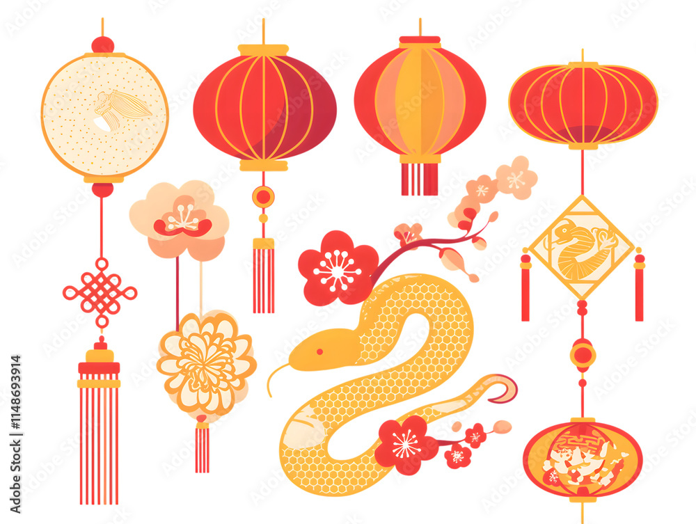 Traditional chinese Lunar new year, year of the snake Elements icon set collection template png cutout Traditional chinese Lunar new year, year of the snake Elements icon set collection template png cutout