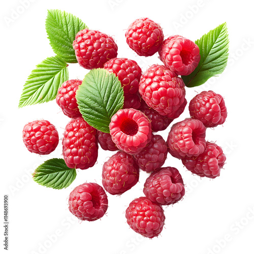 Delicious raspberries with leaves isolated on a transparent background.