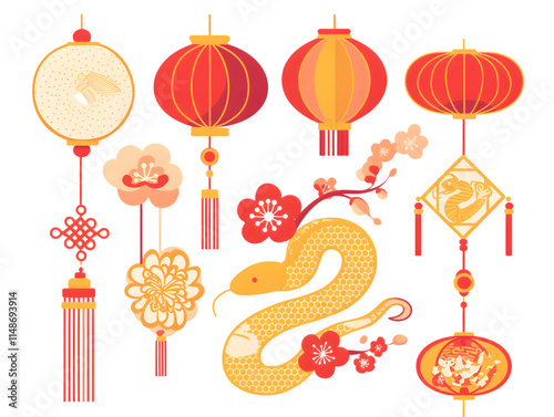 Traditional chinese Lunar new year, year of the snake Elements icon set collection template png cutout