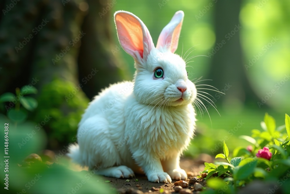 Fototapeta premium Adorable Fluffy Rabbit in Lush Forest - AI Photorealistic Art