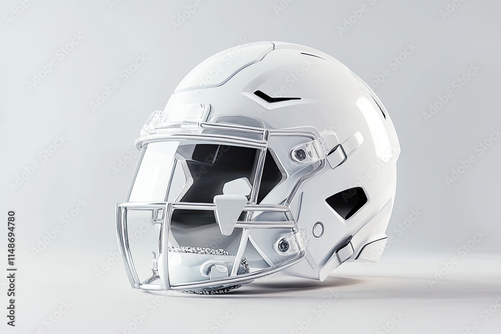 Fototapeta premium Close-up of a clean, white football helmet with facemask, isolated on a white background.