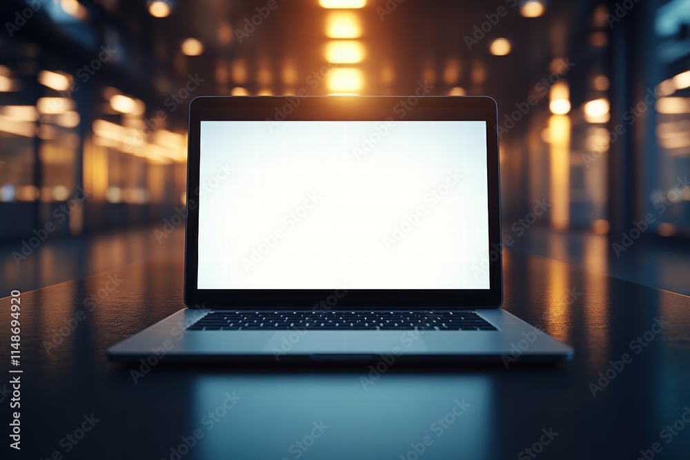 Modern Laptop with Blank Screen on Table at Sunset in Contemporary Office Environment, Soft Focus Background, Ideal for Business and Technology Themes Modern Laptop with Blank Screen on Table at Sunset in Contemporary Office Environment, Soft Focus Background, Ideal for Business and Technology Themes