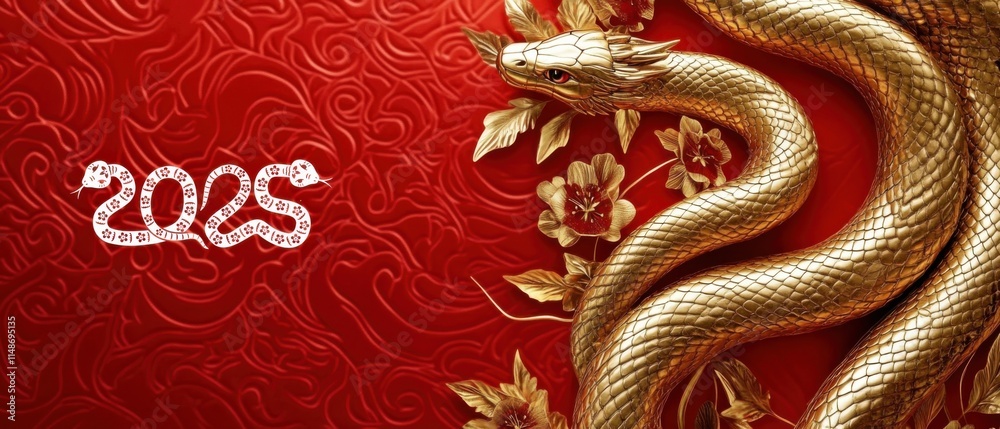 Fototapeta premium Golden Snakes Celebrate 2025 Lunar New Year on Red Floral Background