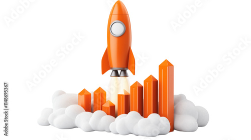 a rocket taking off with graph going up isolated on a transparent background