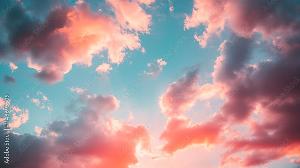 Colorful sunset sky filled with clouds over a tranquil horizon. Colorful sunset sky filled with clouds over a tranquil horizon.