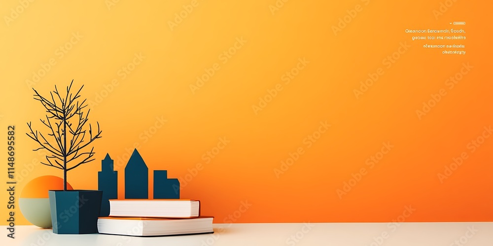 Fototapeta premium Minimalist Still Life with Books Plant and Cityscape