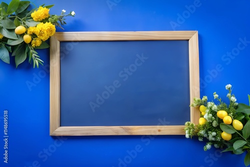 blackboard with flowers on table