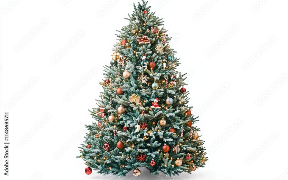 christmas tree with decorations toys and lights on white background christmas tree with decorations toys and lights on white background