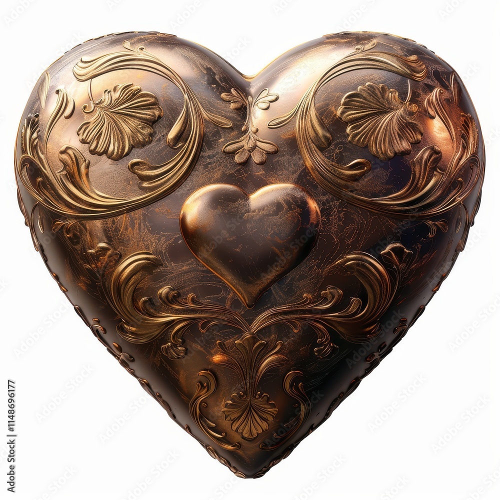 Ornate Bronze Heart: A meticulously crafted bronze heart, adorned with intricate filigree and a smaller heart at its center, exudes timeless elegance and romantic symbolism. Ornate Bronze Heart: A meticulously crafted bronze heart, adorned with intricate filigree and a smaller heart at its center, exudes timeless elegance and romantic symbolism.