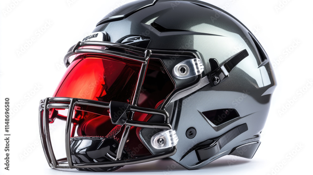 Fototapeta premium Close-up of a dark gray football helmet with a red visor, showcasing its protective design and details.
