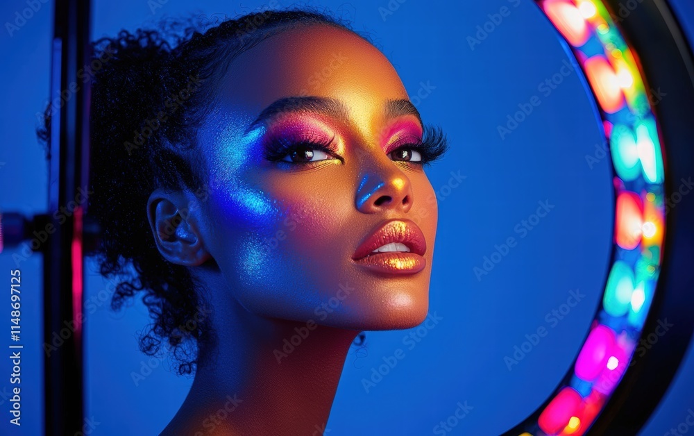 Fototapeta premium A beauty influencer with a colorful makeup palette and ring light setup