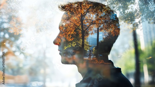 A contemplative silhouette surrounded by autumn trees, representing thoughts and emotions in nature. photo