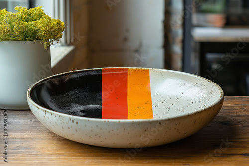 Assiette de Cuisine en Céramique avec Motifs Géométriques Abstraits et Couleurs Vives sur Fond Blanc photo