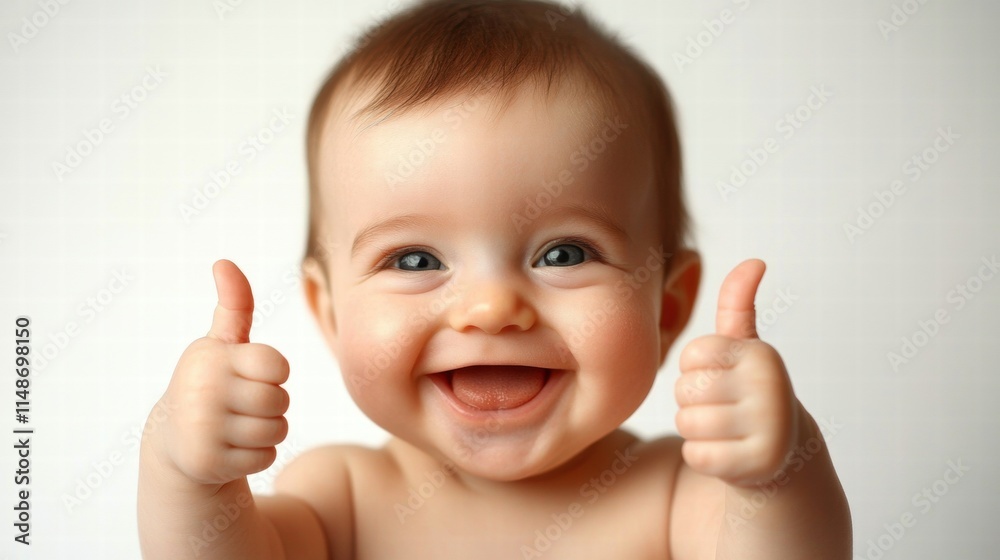Happy Baby with Cheerful Smile and Thumbs Up Gesture Excels in Expressing Joy and Positivity with Bright Eyes and Soft Hair on Light Background Happy Baby with Cheerful Smile and Thumbs Up Gesture Excels in Expressing Joy and Positivity with Bright Eyes and Soft Hair on Light Background