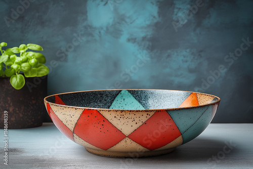 Assiette de Cuisine en Céramique avec Motifs Géométriques Abstraits et Couleurs Vives sur Fond Blanc photo