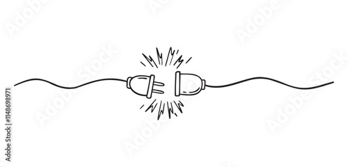 Plug inserting into electric outlet. Power socket disconnect doodle hand drawn icon. Outline drawing 404 error connection concept line clipart symbol