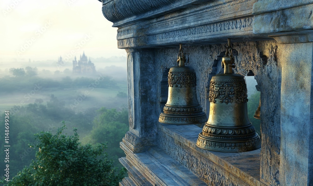 Ornate bells, stone structure, misty landscape. Ornate bells, stone structure, misty landscape.