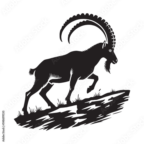 Simplified ibex silhouette for digital media designs - Ibex illustration - minimallest ibex vector
