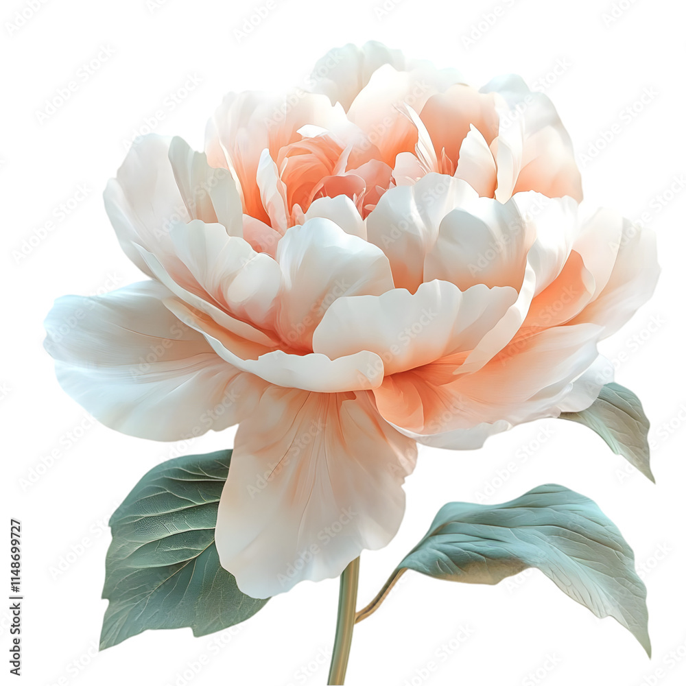A soft, delicate peony flower in pastel colors with lush green leaves.