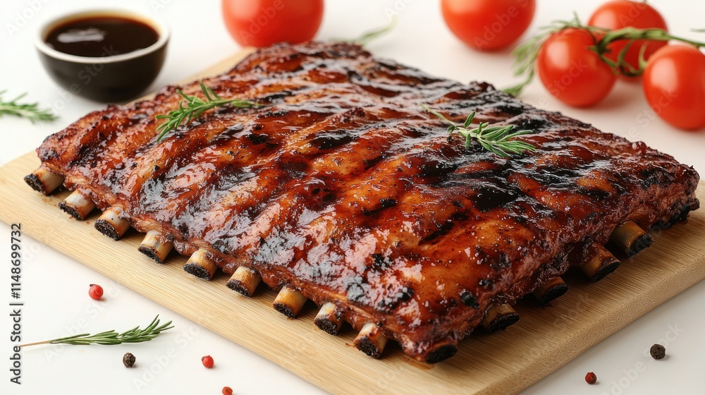 Delicious BBQ ribs on wooden board with sauce. Delicious BBQ ribs on wooden board with sauce.