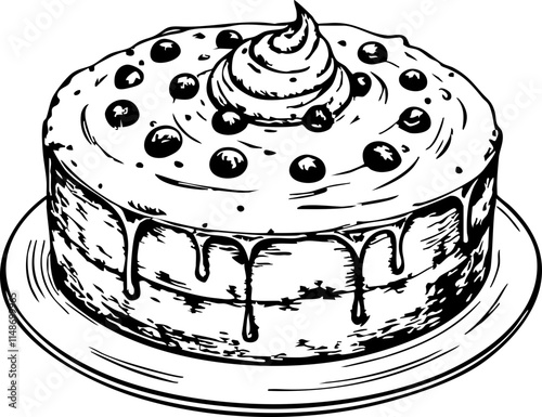 Black forest cake illustration, dessert concept, monochrome sketch