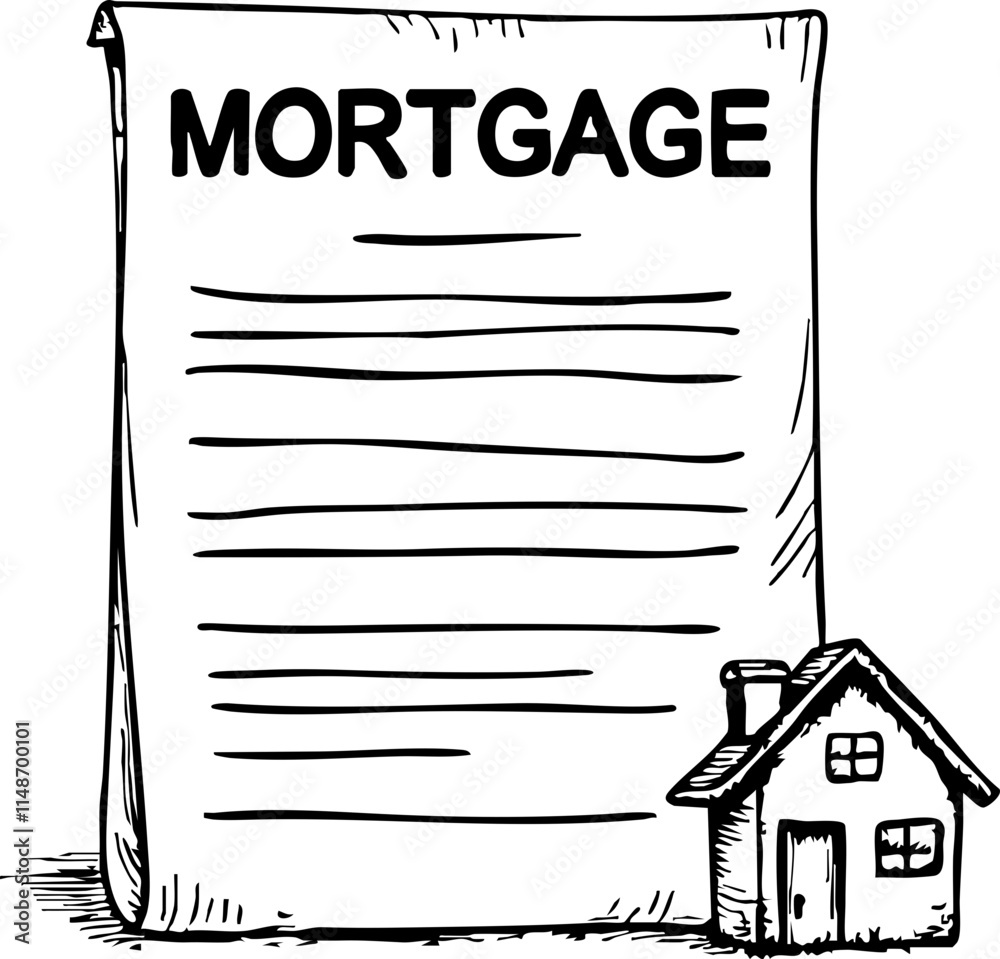 Mortgage document and house sketch on white background, real estate concept Mortgage document and house sketch on white background, real estate concept