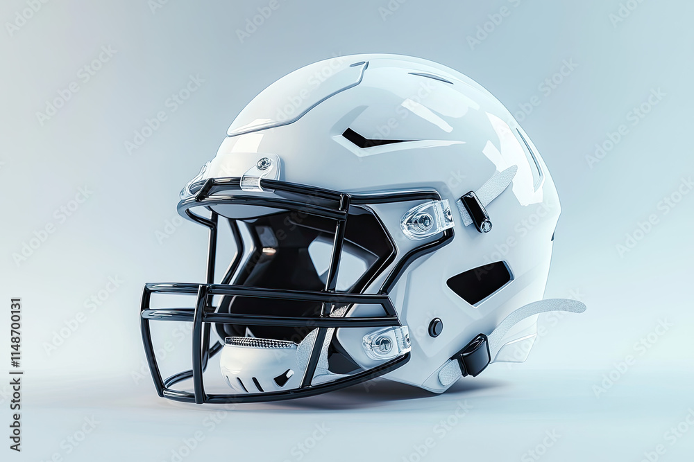 Fototapeta premium Close-up of a white American football helmet with black facemask, isolated on a light blue background.