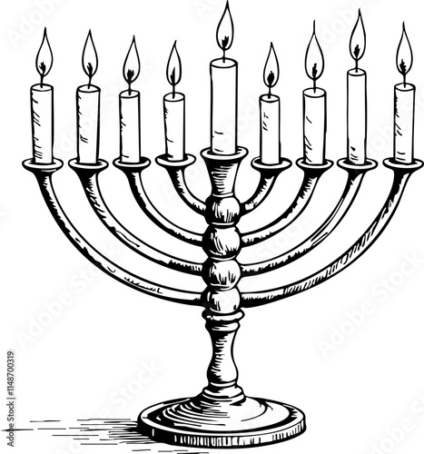 Elegant Hanukkah menorah sketch on white background, celebration symbol