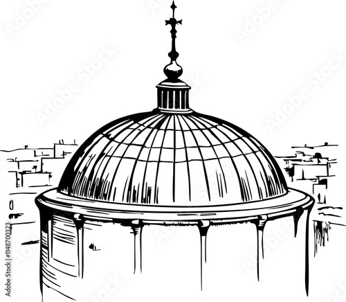 Green dome icon above cityscape, architectural simplicity