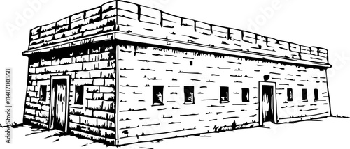 Military bunker architectural sketch in black and white, wartime symbolism