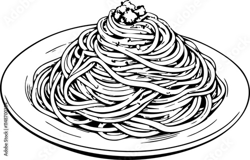 Sketch of spaghetti on white plate, Italian cuisine concept